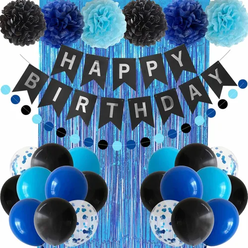 ANSOMO Decoraciones de Fiesta de Cumpleaños Azul y Negro para Niños Hombres Pancarta Globos Azul Marino Azul Real Azul Claro Pompones Cortina de