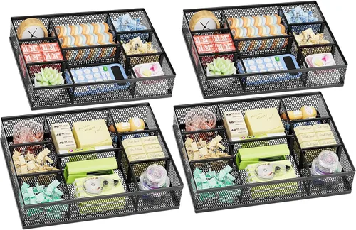 Miniatura 8 de Marbrasse Paquete de 2 Organizadores de Cajones de Escritorio, Bandeja Organizadora de Cajones de Malla con 8 Compartimentos Ajustables