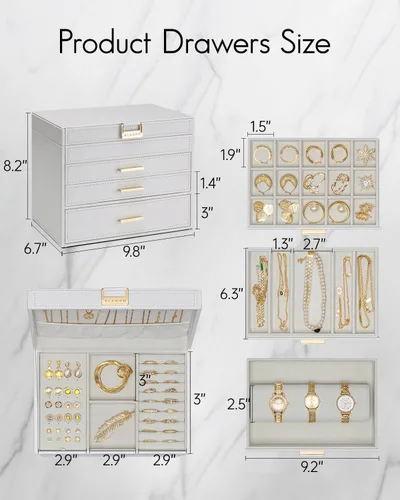 Miniatura 5 de Vlando Joyero grande de 4 capas Organizador de joyas, organizador de joyero para cajón, collar, anillo, pulsera y reloj, regalo de cumpleaños