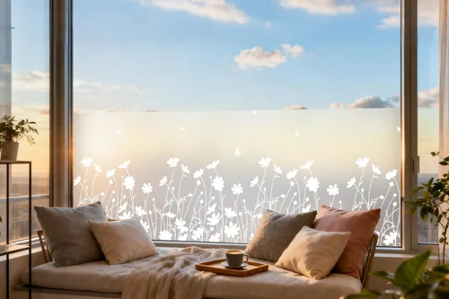 DKTIE Película decorativa de privacidad para ventana, diseño de flores, color blanco puro, película decorativa de vidrio esmerilado para ventana,
