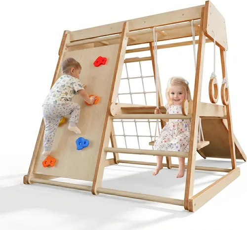 Miniatura 9 de LINKHOO Gimnasio grande de madera para interiores de la selva para niños de 2 a 6 años, juego de escalador Montessori con tobogán, red de escalada