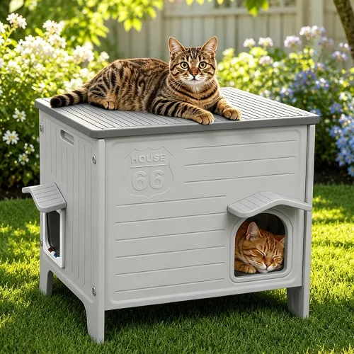 Miniatura 15 de Rockever Casa impermeable para gatos al aire libre, casa aislada para gatos al aire libre con alfombrilla suave, casa elevada para gatos al aire