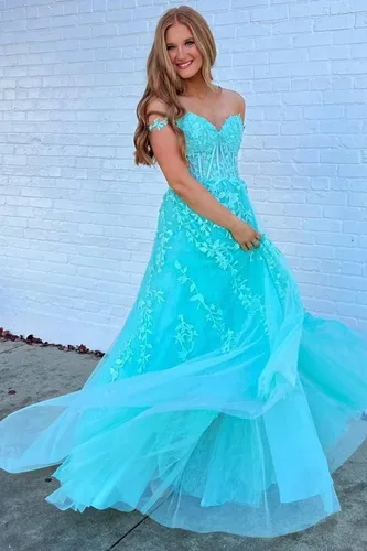 Miniatura 3 de YUAOHUANG Vestidos de graduación con apliques de encaje y tul para mujer 2025, vestido de baile con tirantes delgados, vestido de noche formal