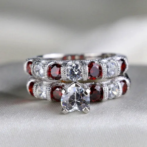 Miniatura 6 de Conjunto de dos anillos de boda para él y para ella, anillos para parejas. Anillos de compromiso para novia en acero inoxidable chapado en oro Blanco