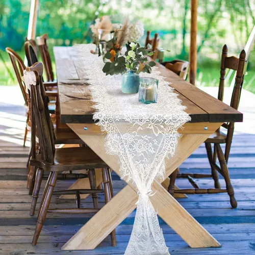 Pardecor Camino de mesa de encaje de 13 x 120 pulgadas, camino de mesa de boda con flores, camino de tela de encaje vintage, camino de encaje blanco