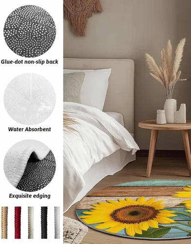 Miniatura 6 de Alfombra redonda de girasol verde azulado de 3 pies, lavable para interiores y exteriores, para dormitorio, cocina, baño, sala de estar, casa