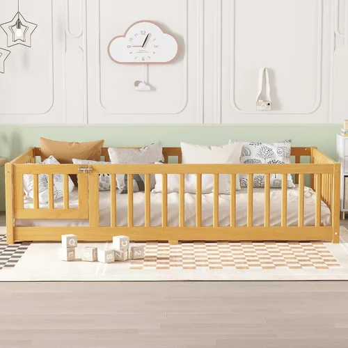 Miniatura 3 de Harper & Bright Designs Cama Montessori de madera tamaño individual, cama de piso con rieles altos, listones y puerta, marco de cama de madera
