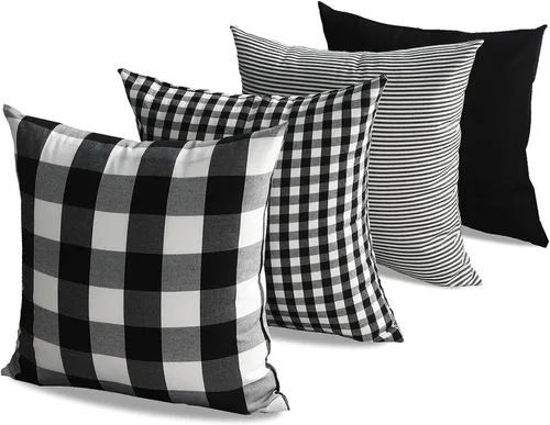 CARRIE HOME Juego de 4 fundas de almohada a cuadros blancos y negros de 18 x 18 pulgadas para exteriores, decoración de granja a cuadros de búfalo