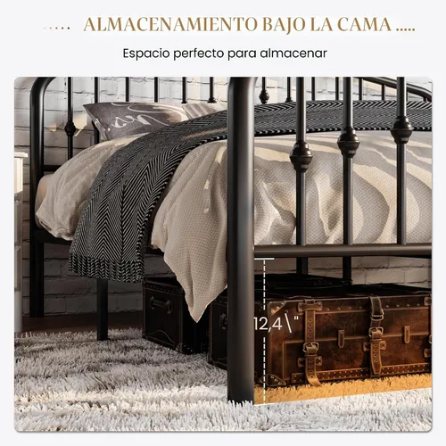 Miniatura 5 de SHA CERLIN Marco de cama de plataforma de metal tamaño individual con cabecero/estribo de hierro forjado estilo victoriano, no requiere somier, Negro