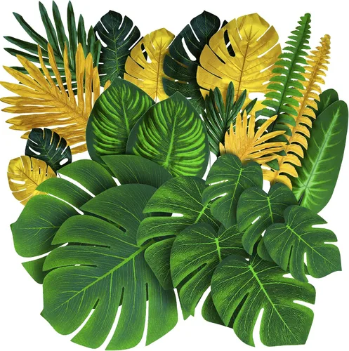 Hojas de palma para decoraciones de fiestas tropicales – 84 juegos de 19 tipos artificiales tropicales dorados y verdes de Monstera – Planta de hoja