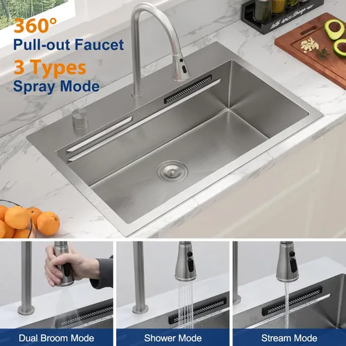 Miniatura 8 de Sarlai - Fregadero de cocina de cascada de 31 pulgadas, de montaje superior - 31x20 Fregadero de cocina con borde y estación de trabajo, de acero