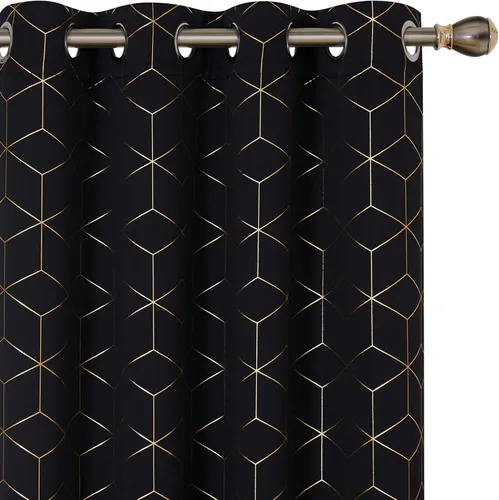 Deconovo Cortinas opacas, aislamiento térmico y reducción de ruido, estampado de lámina de diamante – ojales en la parte superior, 2 paneles, Negro
