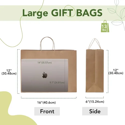 Miniatura 3 de Mesha - Bolsas grandes de papel de 16 x 6 x 12 pulgadas, 50 bolsas de regalo de papel kraft marrón a granel, bolsas de compras para manualidades