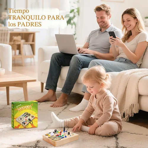 Miniatura 6 de Tablero de actividades, juguetes Montessori para niños de 1 año o más, tablero de actividades con 13 luces LED, juguete educativo de viaje de madera
