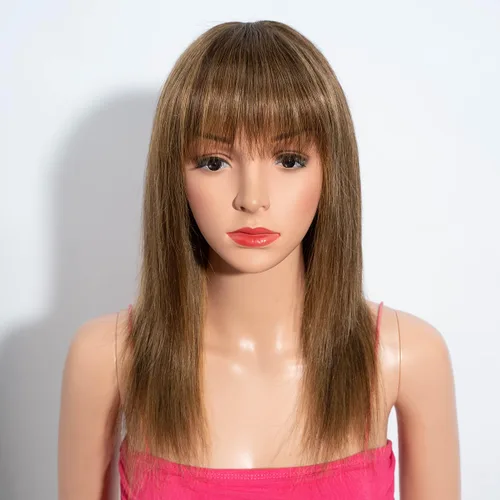 Rebecca Fashion Pelucas lacias de 14 pulgadas con flequillo, pelucas de cabello humano para mujeres negras, sin encaje frontal, pelucas de cabello