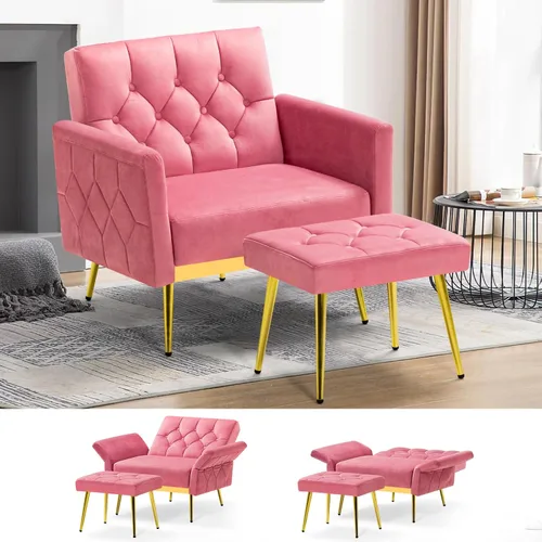 Miniatura 15 de Silla decorativa de terciopelo con reposabrazos y respaldos ajustables, sofá individual copetudo con otomana, silla de lectura tapizada para sala