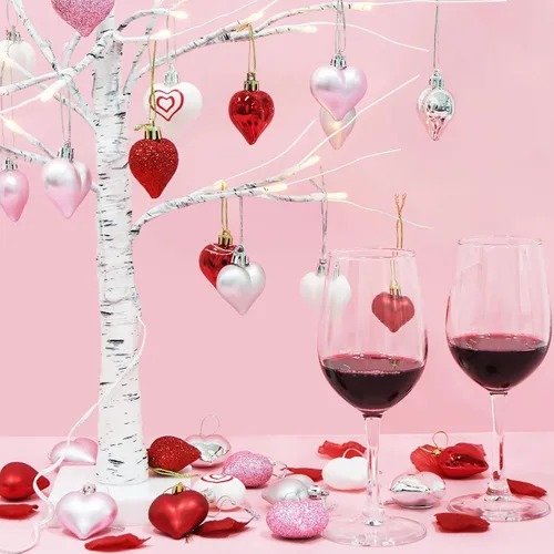 Miniatura 8 de Decoraciones para el día de San Valentín, decoración de corazón, 36 piezas de adornos de plástico rojo, plateado, rosa, blanco, árbol de Navidad