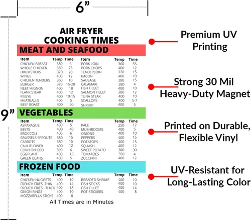 Miniatura 2 de Freidora de aire Imán Tiempos de cocción 6x9 Tabla de conversión de cocina - Carne Mariscos Verduras Alimentos congelados - Guía de cocción con imán