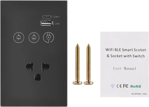 Interruptor de luz WiFi de 2.4 GHz con toma de corriente USB tipo C, requiere cable neutro, control de 2 vías, panel de vidrio templado, interruptor