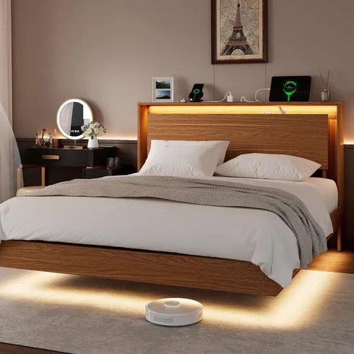 Miniatura 10 de Einhomn Marco de Cama Tamaño Queen con Luces LED y Estación de Carga – Marco de Cama Queen Flotante de Madera para Niños con Cabecera de Negro