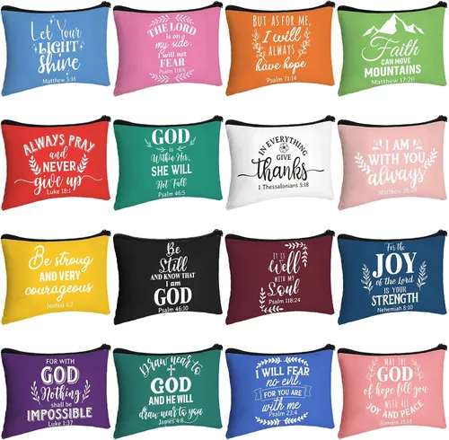 Miniatura 18 de Pinkunn - 16 bolsas de maquillaje de lona, regalos a granel para mujeres, bolsa de cosméticos inspiradores cristianos religiosos con cremallera