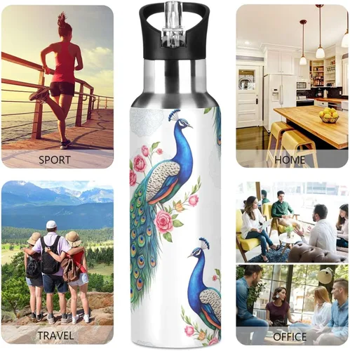 Miniatura 5 de Stainless Steel Vacuum Insulated Water Bottle 20 Oz, BPA-Free Sport Water Bottle for Gym Outdoor Travel School, Peacocks Blue Green Feathers