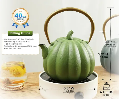 Miniatura 6 de VICSKY Tetera de hierro fundido de calabaza, tetera japonesa de tetsubin, 40 onzas, interior esmaltado e infusor extendido para hojas sueltas