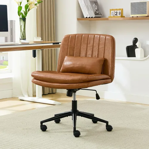 Miniatura 10 de Oprisen Silla cruzada con ruedas, cómodo cojín grueso sin brazos, asiento ancho, patas cruzadas, silla de oficina con almohada, ajustable giratoria