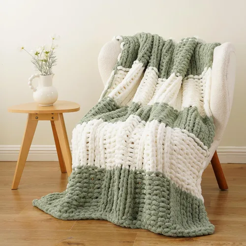 Miniatura 5 de Battilo - Manta de punto grueso de cachemira beige y crema, manta suave y gruesa de chenilla, manta de crochet de punto trenzado hecha a mano