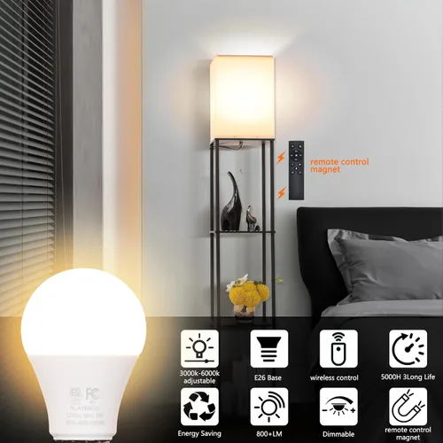 Miniatura 6 de Gupuzm Bombillas LED A19 con control remoto, 800 lm, 9 W, equivalente a bombillas de 60 W, bombilla regulable con control remoto, 3000K-6000K, base