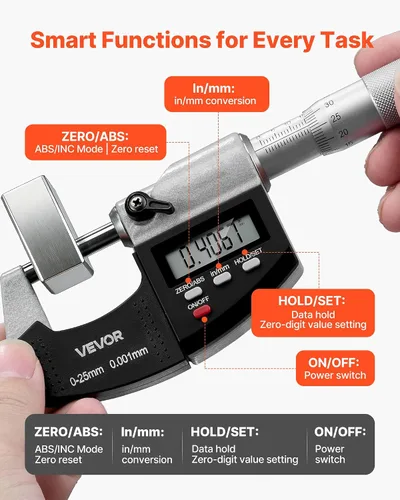 Miniatura 4 de VEVOR Juego de micrómetro, micrómetro exterior digital rango de medición de 0-1 pulgada, resolución de 0.00005", precisión 0.00001
