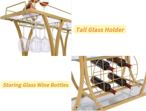 Miniatura 2 de Carritos de Bar Dorados con Soportes de Vasos y Estante para Vino, Carritos de Bar para Servir en Casa de 3 Niveles con Estantes de Vidrio, Carritos