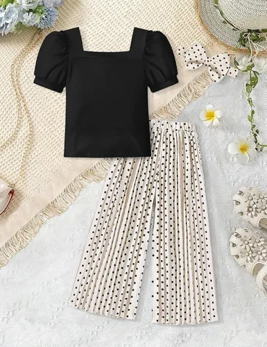 Miniatura 63 de DONWEN Conjunto de 3 piezas de ropa para niñas pequeñas y niñas con cuello cuadrado + pantalones elegantes + diadema para primavera y verano
