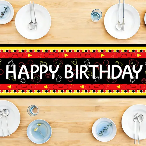 Miniatura 3 de Camino de mesa de feliz cumpleaños, negro, rojo, amarillo, ratón, tela de poliéster, decoración de mesa de comedor para decoración de fiesta