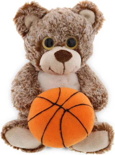 DolliBu Oso marrón sentado con felpa de baloncesto, oso suave para abrazar, adorable juguete de peluche para jugar, lindo regalo de vida silvestre