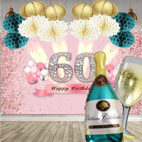 Miniatura 5 de Decoraciones de cumpleaños número 60 para mujer, cartel de fondo de feliz cumpleaños, cartel de tela para fiesta de aniversario de 60 años, póster