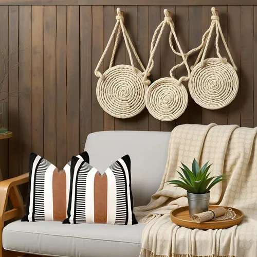 Miniatura 2 de Juego de 2 fundas de almohada bohemias a rayas de 16 x 16 pulgadas, fundas de almohada de cuero modernas para sofá, cama, decoración de granja