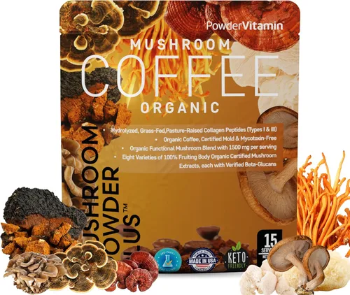 PowderVitamin Café de hongos orgánico certificado sin moho y micotoxinas GrassFed Colágeno Tipos I y III 8 hongos corporales fructíferos probados
