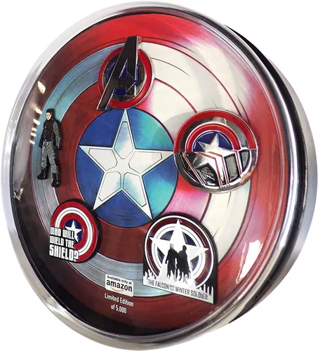 Marvel Studios: The Falcon y The Winter Soldier - Juego de 5 pines de solapa con base de metal y esmalte con caja circular de 6.3 pulgadas