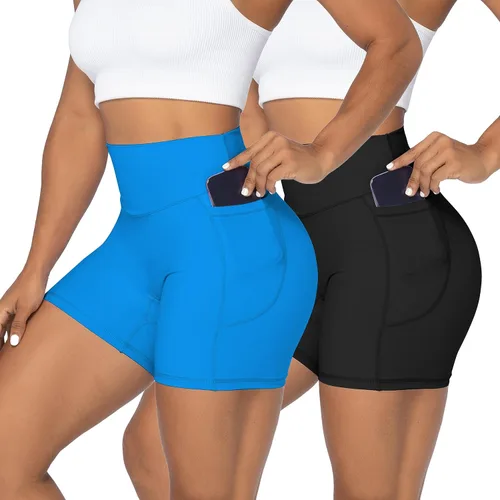 Sunzel - Pantalones cortos de ciclista sin costura frontal para mujer con bolsillos, para yoga, entrenamiento, gimnasio con control de abdomen