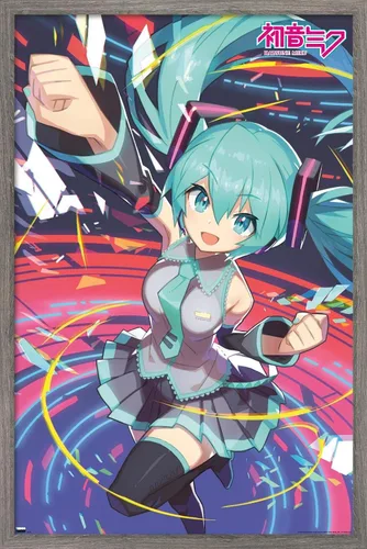 Hatsune Miku - Póster de pared con puño, 22.4 pulgadas de largo x 14.7 pulgadas de ancho, versión enmarcada de madera de granero