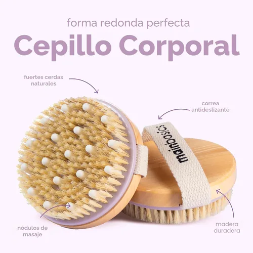 Miniatura 7 de MainBasics Cepillo corporal de cepillado en seco para drenaje linfático, piel seca, celulitis, circulación sanguínea con cerdas naturales