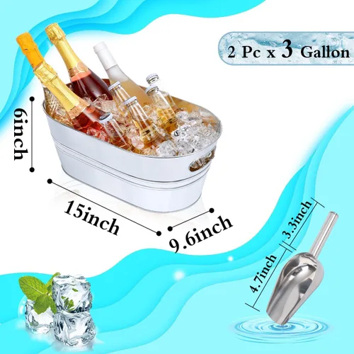 Miniatura 2 de Bañera galvanizada de metal de 3 galones para bebidas de hielo, para fiestas, vino, cerveza, champán, lata vintage, cubos grandes con cucharas