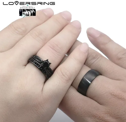 Miniatura 5 de LOVERSRING - Juego de anillos de boda para pareja, para ella y para él, anillo para mujer chapado en oro de color negro y de 18 quilates
