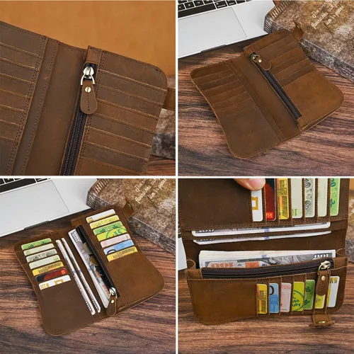Miniatura 7 de Genuino caballo loco cuero viaje regalo moneda bolsillo tarjeta caso largo organizador cadena Rfid monedero con broche para hombres hombres 1088
