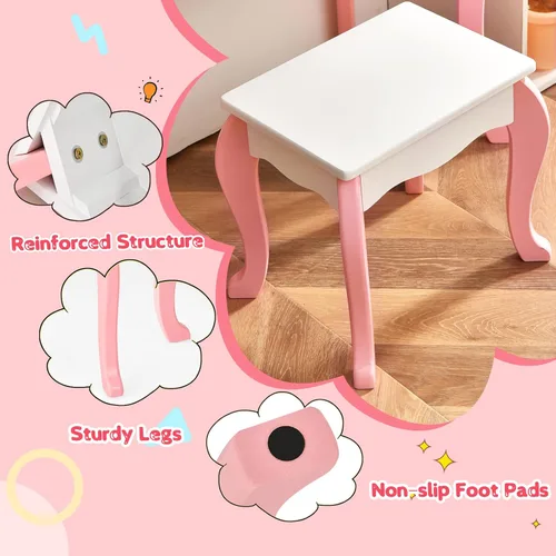 Miniatura 4 de Costzon Juego de tocador para niños con espejo, tocador de maquillaje de princesa 2 en 1 con parte superior desmontable, tocador para niños pequeños