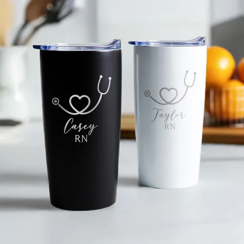 Miniatura 4 de Lifetime Creations Taza de acero inoxidable personalizada grabada con tapa para enfermera de 590 ml (blanca) - Regalo personalizado para enfermera