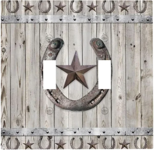 Miniatura 45 de Cubiertas de pared de estilo rústico occidental de madera puerta de granero herradura de hierro estrella placas de pared simple dúplex cubiertas