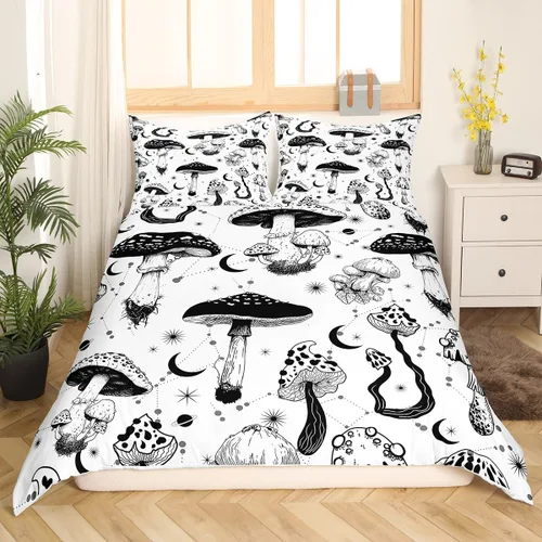 Miniatura 45 de Juego de funda de edredón para niños con diseño de gato lindo, tamaño individual, juego de ropa de cama con hojas de flores, luna, noche y cielo