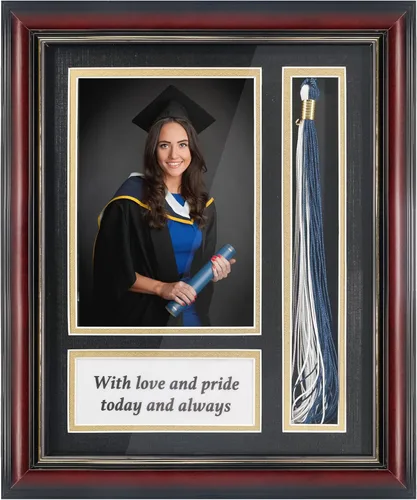 Miniatura 9 de GMFrames Marco de caja de sombra de fotos de graduación con soporte de borla para fotos de 4 x 6, vidrio real de madera maciza, doble paspartú negro